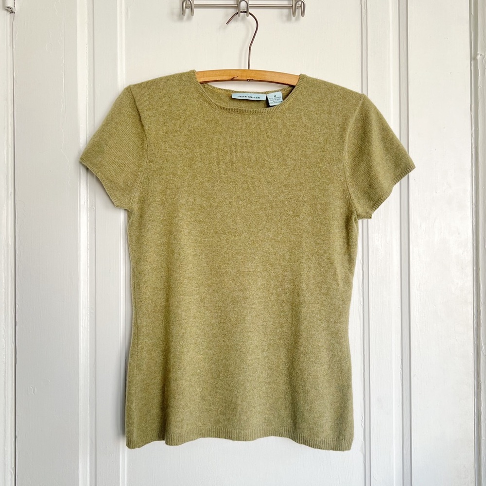 Gene Meyer • 100% cashmere pullover sweater tee green crew neck short sleeve
